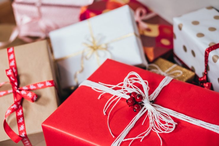 Close-up photo of a pile of wrapped gift boxes